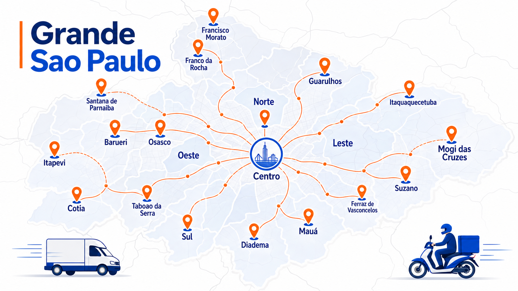 Mapa ilustrado com pontos de cobertura da RS Flex na Grande Sao Paulo